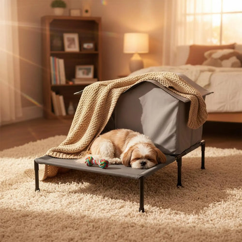 2-in-1 Pet House and Bed Breathable Elevated Pet Cot with Awning Outdoor Cat House Bed Weatherproof for Small Dogs, Patio