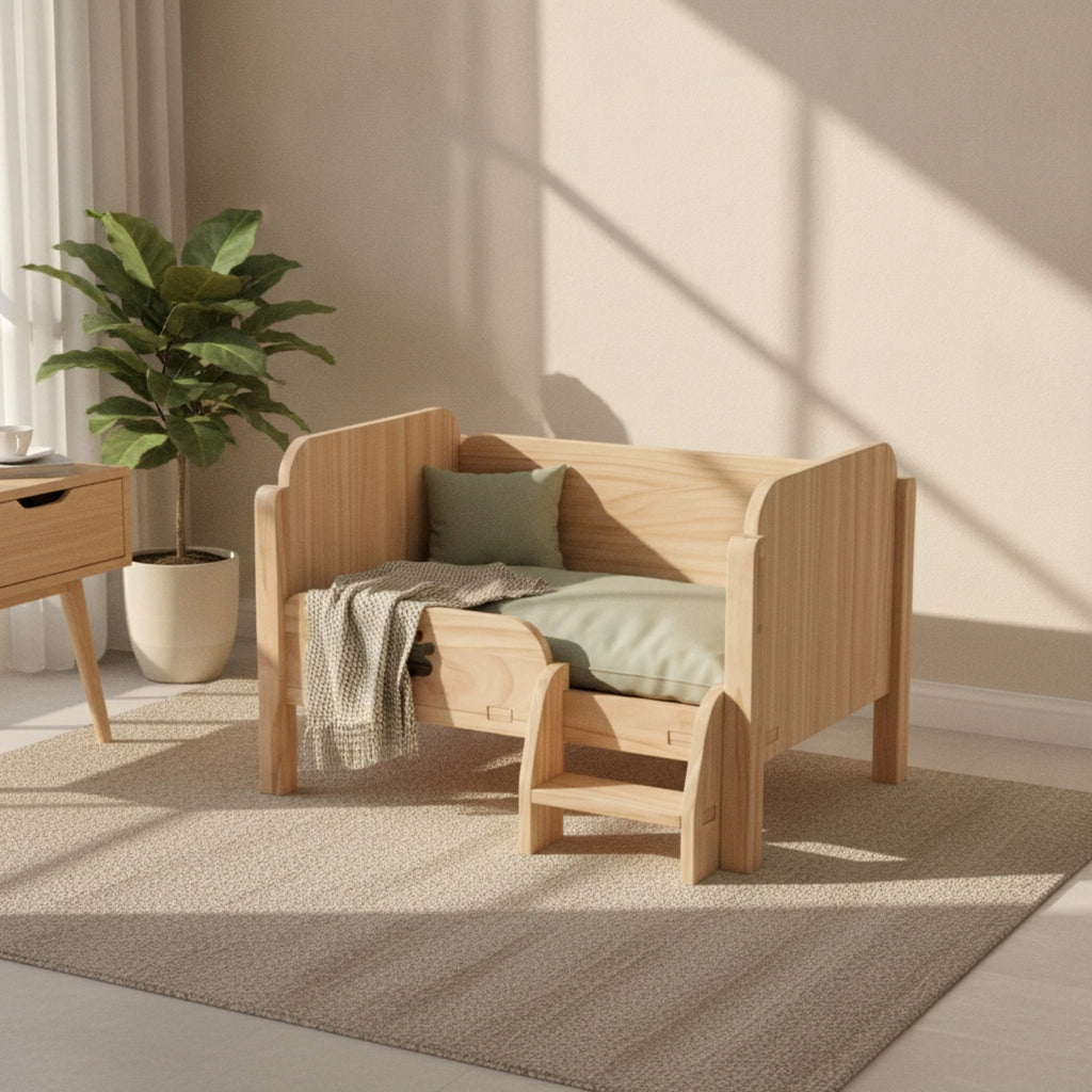 Pet Bed with Step Small Wooden Pet Bed Elevated Cat Sofa Long-Lasting Furniture Indoor for Cats, Living Room, Bedroom