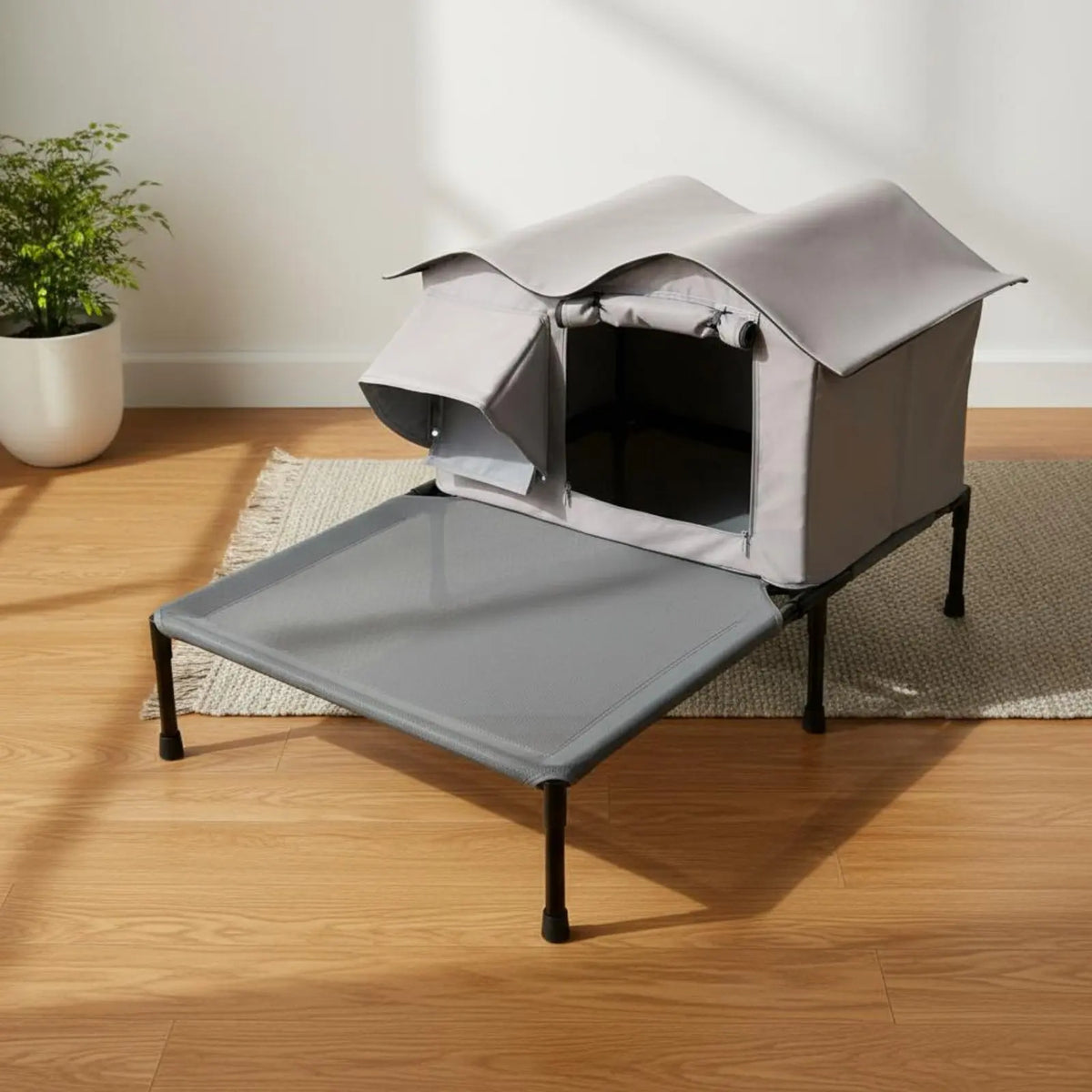2-in-1 Pet House and Bed Breathable Elevated Pet Cot with Awning Outdoor Cat House Bed Weatherproof for Small Dogs, Patio